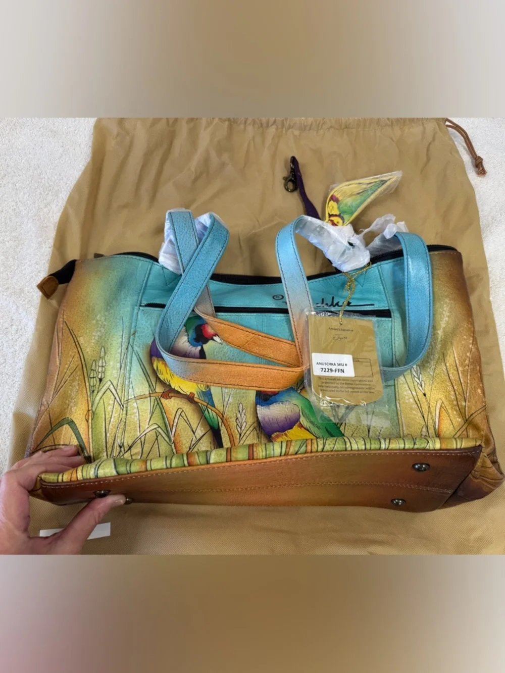 Anuschka Gouldian Finch Tote Bag - Green/Yellow/Blue, Firm price
